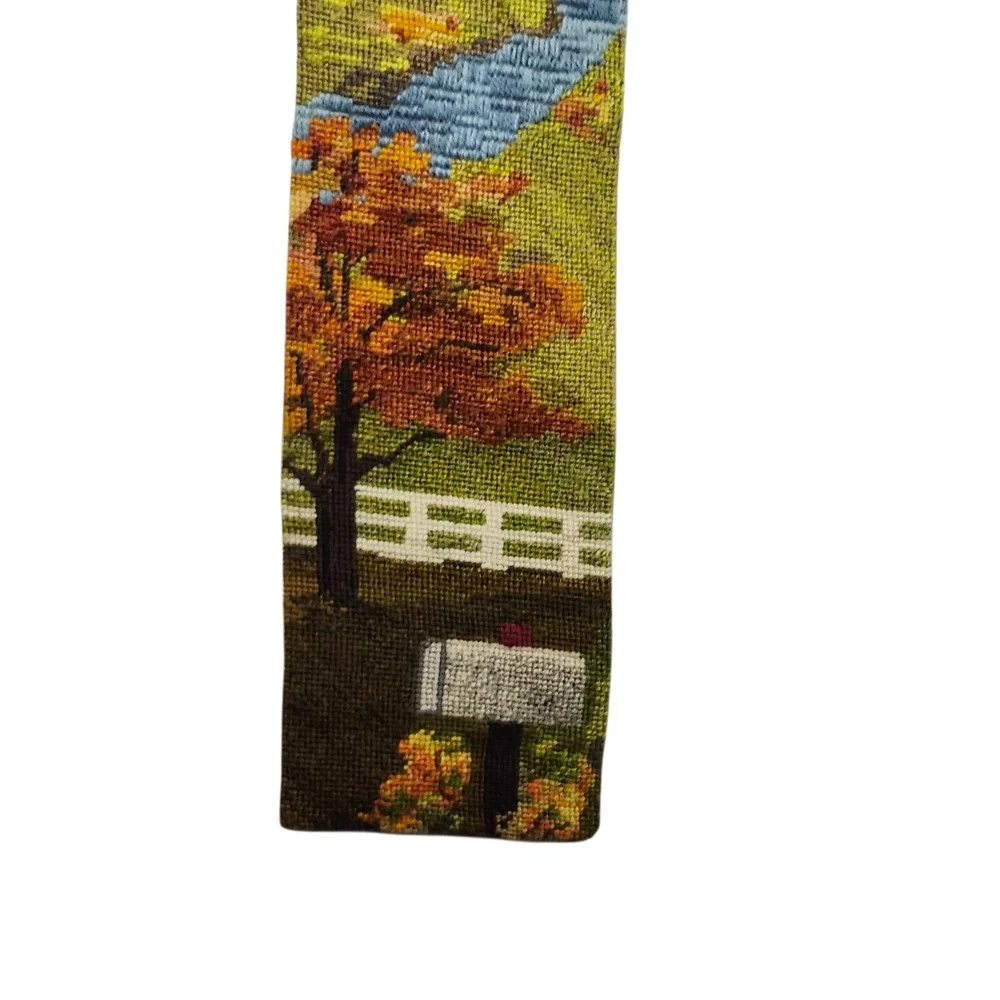Vintage Needlepoint Bell Pull Wall Hanging Waterfall Landscape Wood Dowel 35x6